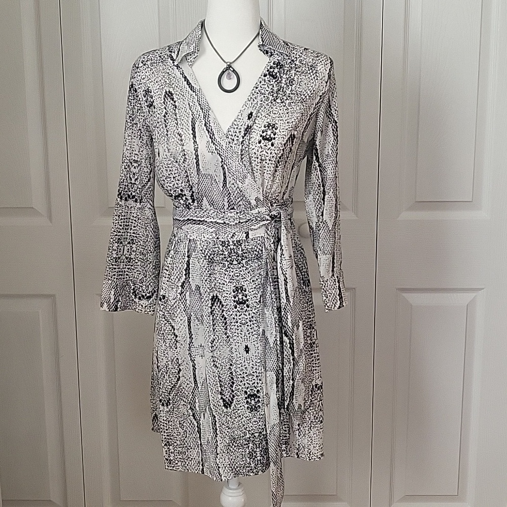 Lucy Paris Black & White Animal Print 3/4 Sleeve Wrap Dress - Size S